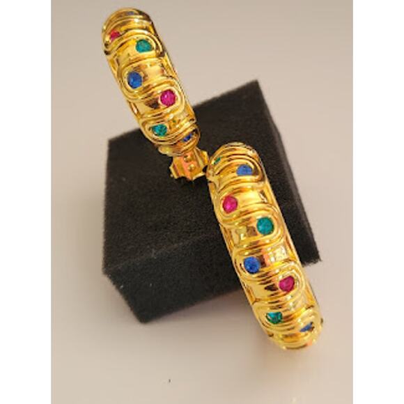 Swarovski Hoop Earrings Gold Plated with Jewel Tone Crystals Clip On Swan Signed - Picture 1 of 9